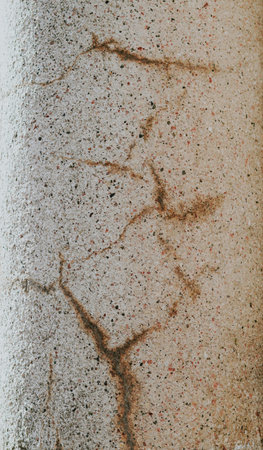 Detailed view of a concrete wall displaying cracks and rough texture in neutral tones