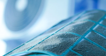 Detailed view of a dirty air filter with dust accumulation and grid pattern visible