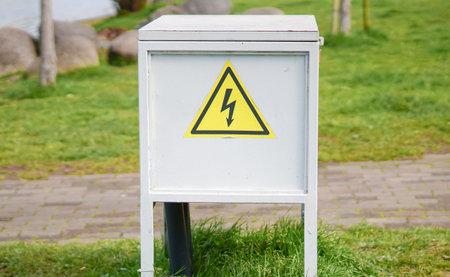 Electrical utility box with yellow warning sign located in a grassy park setting