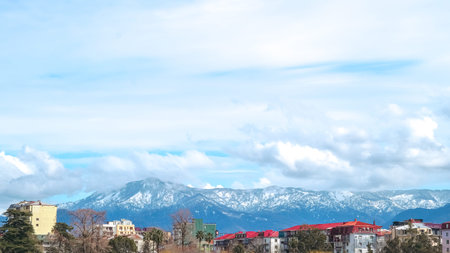 Snow-covered mountain range towers over residential buildings under a clear blue sky
