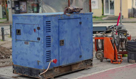 Industrial blue generator positioned on a construction site with tools and machinery visible
