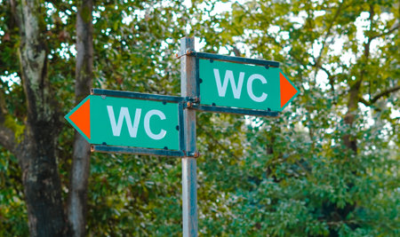 Green directional signpost with arrows pointing to restrooms in a park surrounded by trees