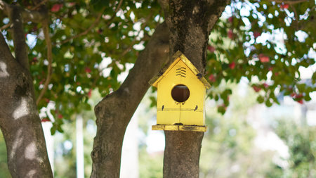Bright yellow birdhouse mounted on tree trunk surrounded by green foliage in garden