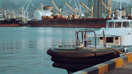 Tugboat docked at a harbor with cargo ships and cranes visible in the backgroundの写真素材
