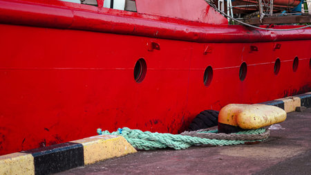 Close-up of a red ship hull with a mooring rope tied to a yellow bollard at the dockの写真素材