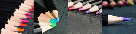 Colored pencils on a gray wooden background. collageの写真素材
