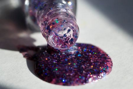 Glitter nail polish pouring from a bottle onto a surfaceの写真素材