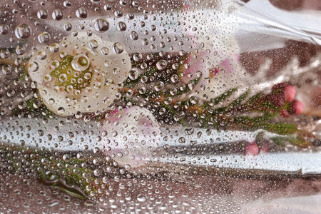 Water drops on transparent flower packaging. soft focusの写真素材