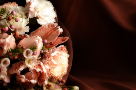 A bouquet of flowers lies on the tableの写真素材