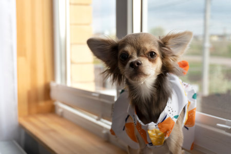 Portrait of a dog chihuahua dir in a dress sitting by the windowの写真素材