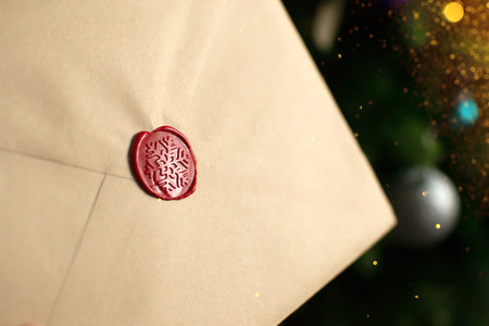 The child opens an envelope with the seal of Santa Claus and a letter.の写真素材