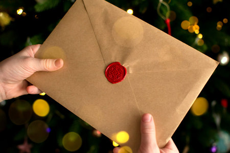 The child opens an envelope with the seal of Santa Claus and a letter.