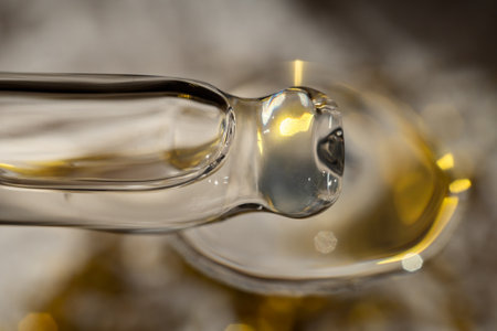 Pipette with cosmetic product on blurred holiday background with bokehの写真素材