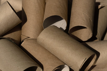Used empty toilet paper rolls on a brown background.
