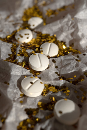 White pills and glitter lie on white packaging paper.の写真素材