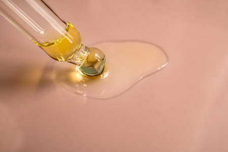 pipette on a pink background with liquid dropsの写真素材