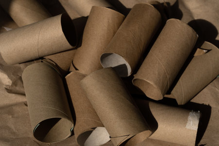 Used empty toilet paper rolls on a brown background.の写真素材