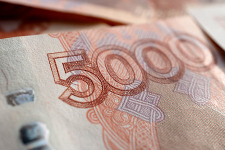 Russian banknotes. Money scattered on the surfaceの写真素材