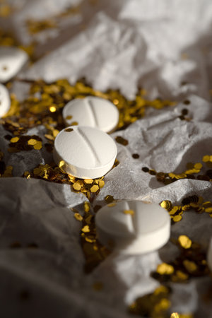 White pills and glitter lie on white packaging paper. Party conceptの写真素材