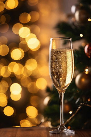 New year concept, glass of champagne, golden sparkle and highlights. Generative AIの素材