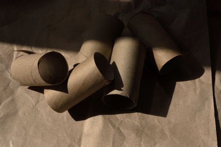 Used empty toilet paper rolls on a brown background.の写真素材