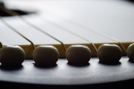 Close-up of the acoustic guitar, showing the part of bridges and nut clearly.の写真素材