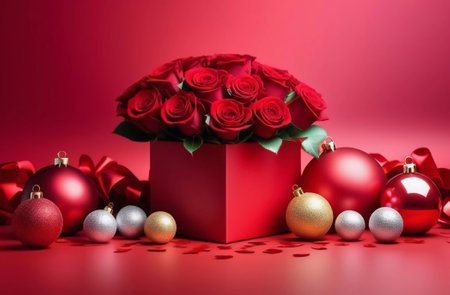 Floral arrangement of red roses, Christmas balls. Greeting card for New Year and birthday. Generative AIの素材