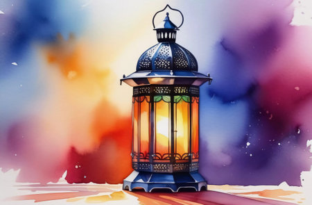 Watercolor arabian lantern against the backdrop of the starry sky and nature. Background for your design. Generative AIの素材