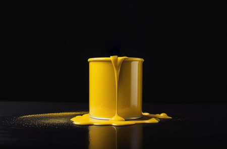 Spilled yellow paint on a black background. Can of paint. Generative AIの素材