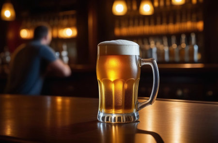 Glass of cold fresh lager beer on a wooden bar counter in pub with free space for your text. High quality photo. Generative AIの素材