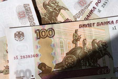 Russian banknotes. Money scattered on the surfaceの写真素材
