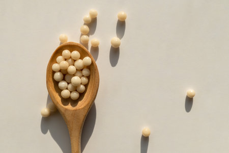 homeopathic beads in a wooden spoon on a light background. Alternative homeopathic medicine: concept of herbs, healthcare and pills. Flatley. Space for copying text.の写真素材