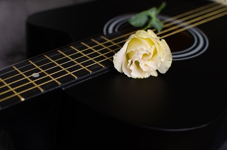 Blurred photo of acoustic guitar and yellow eustoma flower, music backgroundの写真素材