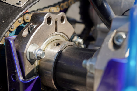 The braking system of racing car with a disc and control rods. Cars, racing, competitions.