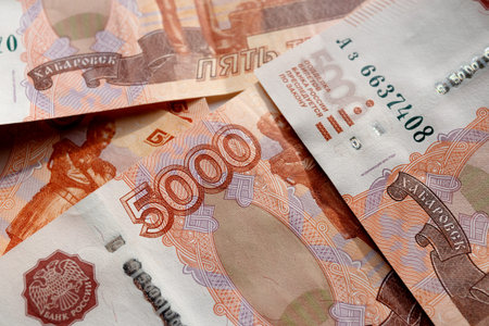 Russian banknotes. Money scattered on the surface