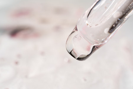 Pipette with essential oil on bottle blurred backgroundの写真素材