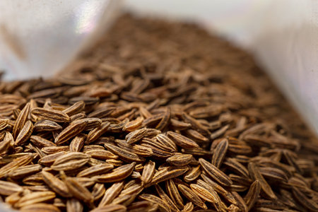 Aromatic cumin in the bag. Caraway seeds. Healthy eating and lifestyle.