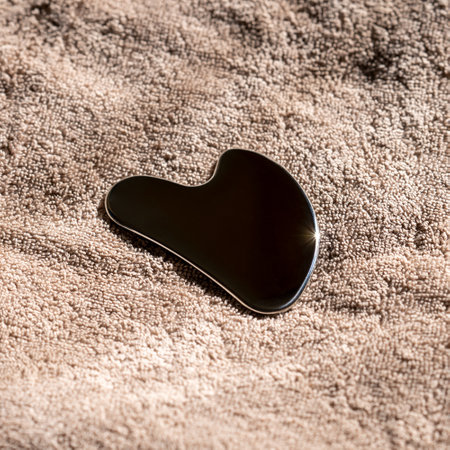 Stainless steel gua sha tool with soft towel, close-upの写真素材