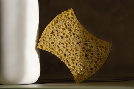 Cleaning agent and sponges for washing dishes, cleaning in the kitchen or bathroom lie on the surfaceの写真素材