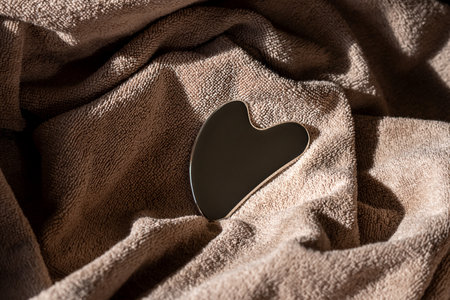 Stainless steel gua sha tool with soft towel, close-upの写真素材