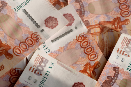 Russian banknotes. Money scattered on the surface. Close-up of money