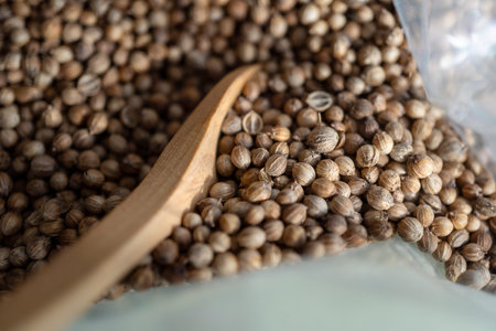 Dried coriander seeds in a bag with a wooden scoop are used in cooking as a seasoning.