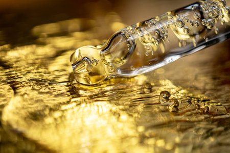 Glass pipette with facial serum on gold background. Essential oil close-up in a pipette. A skin care...
