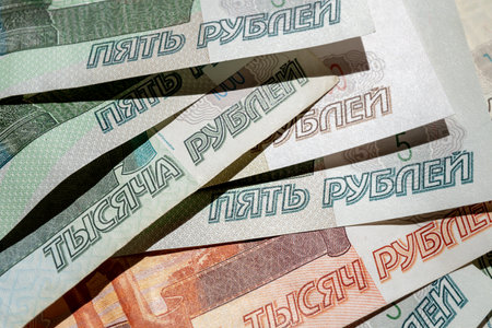 Paper banknotes of Russian rubles of different denominations in a stack close-upの写真素材