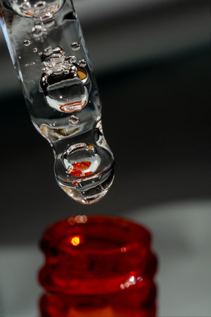 Pipette with essential oil on bottle blurred backgroundの写真素材