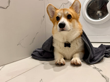 A satisfied corgi is lying in the bathroom. High quality photoの写真素材