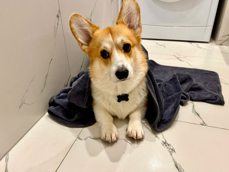 A satisfied corgi is lying in the bathroom. High quality photoの写真素材