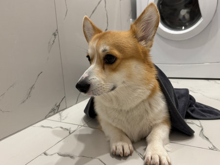 A satisfied corgi is lying in the bathroom.の写真素材