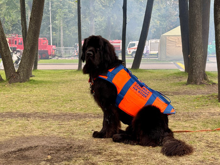 A rescue dog in an orange rescue vest sits on a lawn in summer. High quality photoの写真素材