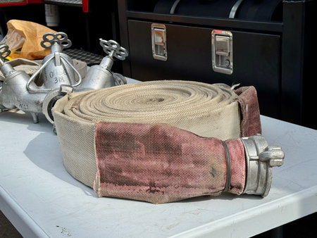 A water fire hose is lying on a table. High quality photoの写真素材